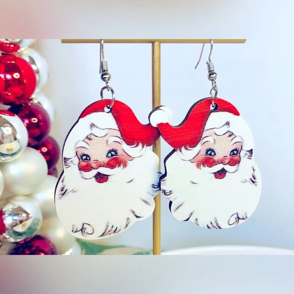 1Pair Wooden Christmas Santa Claus Decor Drop Dangle Earrings Women Xmas Gift - Picture 1 of 3